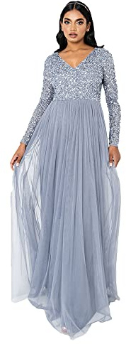 Maya Deluxe dam dam dam klänning ärm för bröllop gäst V-hals hög empire midja maxi lång längd kväll bridesmaid bal klänning, Dammblå, 36