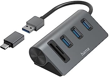 Hama USB-Hub und Kartenleser 5 Ports (3x USB-A, 1x SD, 1x microSD, mit USB-C-Adapter, bis 5 Gbit/s, Anschluss für Maus, Tastatur, Speicherkarte etc., USB-Adapter für Büro, Home Office) Aluminium