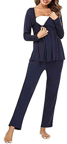 Litherday Pigiama Premaman Donna Invernale Cotone Morbido Manica Lunga con Cintura Regolabile Pigiama Allattamento Parto Ospedale maternità Marina Militare S