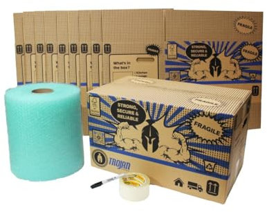 Trojan Home Moving Kit Large - Contains 10 Strong Packing Boxes 51x29x29cm, Clear Packaging Tape, 25m of Green Bio Bubble Wrap and 1 Sharpie Pen - House Moving Essentials
