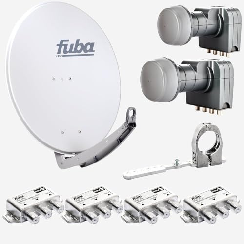 Fuba Sat Anlage 4 Teilnehmer - 2 Satelliten (z.B. Astra/Hotbird) | DAA 780 G Satellitenschüssel 80cm Alu hellgrau (Testergebnis: ausgezeichnet)* + 2X Quad LNB + Multifeedschiene + 4X DiSEqC-Schalter