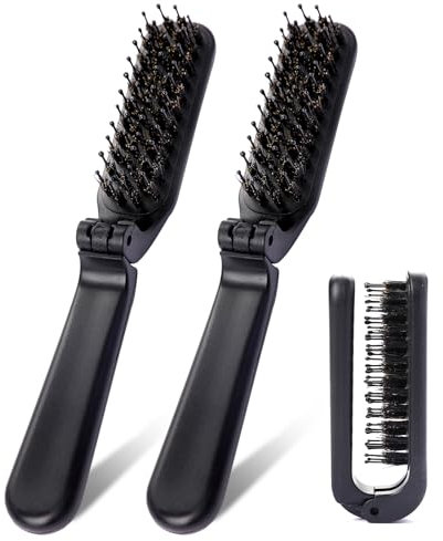 Foldable Travel Brush, 2 Pack Portable Size With Natural Boar and Nylon Bristles, Small Folding Comb Mini Wet Hairbrush Compact Pocket for Purse, Car, Gym Bag, Locker (Black)