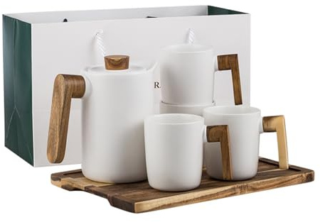 Soulnioi Juego de tetera de cerámica, olla de 1000 ml con bandeja y 4 tazas (350 ml), caja de regalo para el hogar y la oficina (blanco)