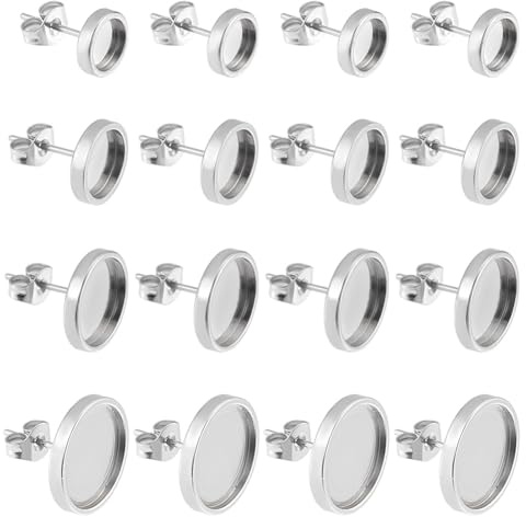 Beebeecraft 1 Box Mit 40 Stück Edelstahl Ohrstecker Cabochon Fassung Pfostenbecher Mit Leerem Flachem Rundem Einfassungstablett 6/8/10/12 Mm Ohrstecker Komponenten Für Schmuckzubehör Ohrringher