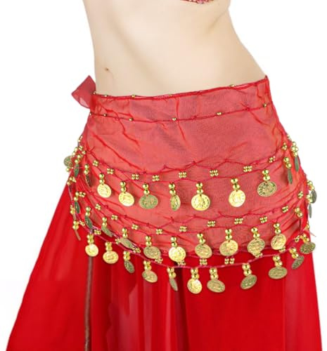 LNQ LUNIQI Damen Bauchtanz Gürtel, 1 Stück Chiffon Bauchtanz Hüfttuch Bauchtanz Kostüm Gürtel Münzgürtel Tanztuch für Bauchtanz Zumba Yoga Latin Karneval, Rot