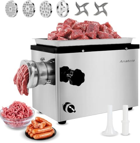 Anatole Hachoir a Viande Électrique Professionnel 950W Acier Inoxydable Farce à Saucisses Multifonctions avec 6/8/10mm/3-Trous Plaque 2 Lames de Broyage 1 Remplisseur de Saucisses 220V