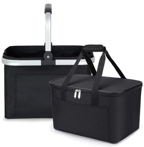Ensemble de courses classique de 30 l, 2 pièces, composé d'un panier à provisions et d'un sac isotherme, avec poignée en aluminium, pliable, avec isolation pour le travail/le shopping