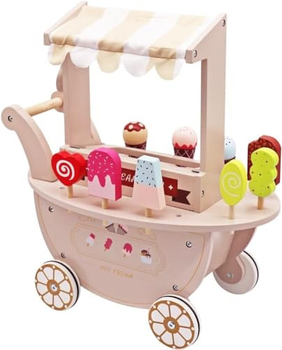 BLUEBRIT Wooden Ice Cream Toy Shop Kids Educational Early Years Wooden Ice Cream Cart Vendor Toy Role Play Ice Cream Shop Gift For 3-6 Year Olds
