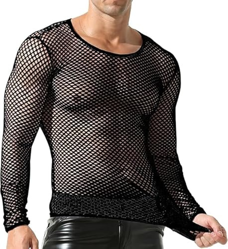 QiaTi Herren Mesh Fishnet Durchsichtig Langarm T-Shirt Muskel Transparent Shirts Langarm Netz Unterhemd