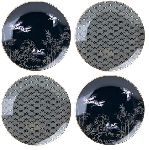 Brown and Ginger Set of 4 Oriental Heron Design Side Plates with Gold Rim 21x21x2cm