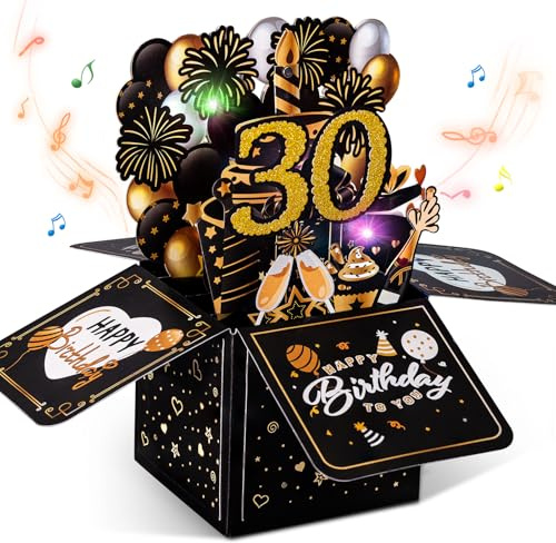 joyoldelf 30 Geburtstagskarte mit Musik - 30. Geburtstag Pop Up Karte mit Lichtern und interaktiven Kerzen, Geschenk Geburtstagskarten für Frauen und Männer, 3D Grußkarte Geburtstagsgeschenk