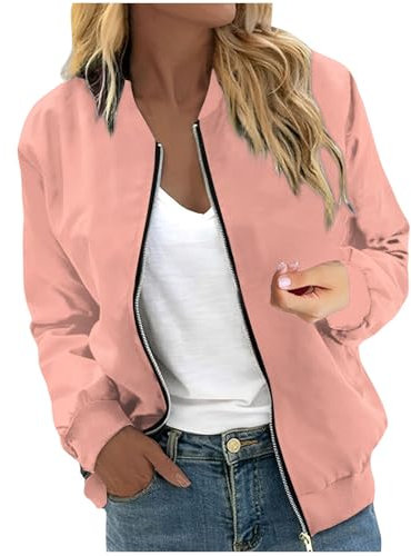 LUNULE Damen Bomberjacke Jacke Übergangsjacke Backprint Langarm Coat Mit Reißverschluss Leichte Blouson College Dünne Sommerjacke Motorradjacke Sommer(Rosa,M)