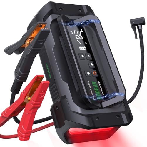 Auto Starthilfe Powerbank für pkw mit Kompressor, 3000A tragbare Auto-Starthilfe mit 150PSI digitalem Reifeninflator, 12V Auto-Batterie-Booster mit LED-Beleuchtung und LCD-Display