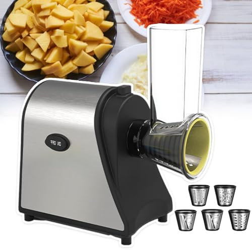 pedenencelia Rallador Queso Eléctrico 250 W,Cortadora Eléctrica,Trituradora Ensaladas,Diseño Desmontable,Interruptor Un Toque,Cortadora Eléctrica,para Calabacín,Queso,Verduras,con 5 Cuchillas