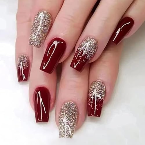 Kaiperala Lot de 24 faux ongles de longueur moyenne en forme de cercueil - Bordeaux - Paillettes dorées et bordeaux - À coller sur les ongles - Faux ongles en acrylique - Accessoires d'Halloween et de