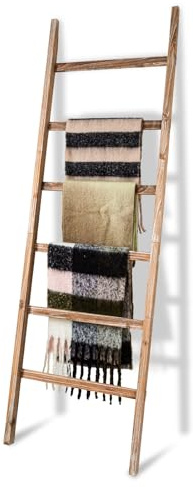 RANXFLOAT 6-Tier Blanket Ladder Wooden, Blanket Quilt Towel Holder Rack Decorative Ladder, Rustic Farmhouse Ladder Shelf for The Living Room Bedroom Home Decor Carbonized Wood 24 Inch