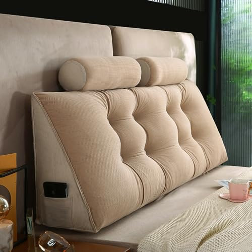 ZF YLYH Cojín largo en cuña para la cama: cómodo cojín de lectura extraíble para sofá, cojín lumbar, respaldo alto triangular, cojín con cojín cervical (marrón claro, 80 cm (1 almohada)