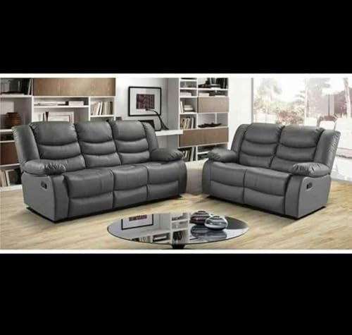 MNS Leather Recliner Sofa with Cupholders - 3+2 Seater Sofa - Grey (Full set 3+2)