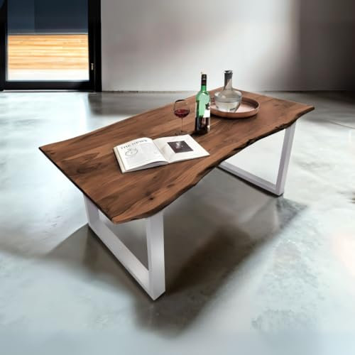 Bett11 Esstisch 140x80 cm nussbaumfarben, Akazienholz massiv 26mm, U-Gestell Silber, Baumkantentisch aus Holz, Casa Massiva