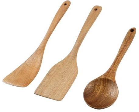 LCUHAVA 3 Stück Pfannenwender Holz, KochlöFfel Holz Hochwertiges Akazienholz Pfannenwender set Texturierter Langer Griff zum Schutz der Pfannen vor Kratzern, HitzebestäNdig und Antibakteriell