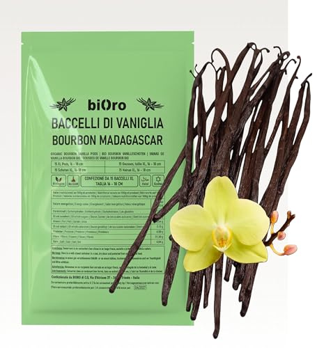 BIORO Vaniglia Bourbon del Madagascar – 15 Baccelli Extra Grandi 16–18 cm – Aroma Intenso e Naturale – Qualità Gourmet da Coltivazioni Sostenibili – Ideale per Dolci, Gelati ed Estratti