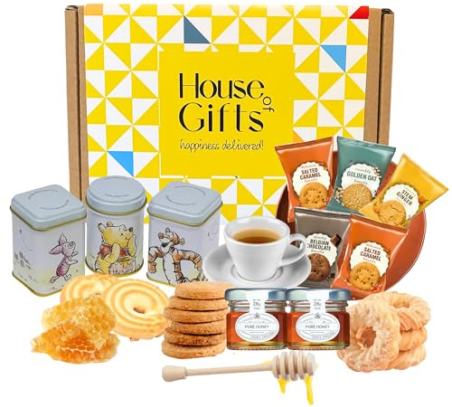 Tea Hamper Pooh Bear Gift Set Including 3 x 70g Loose Leaf Tea, British Biscuits, Honey Pots & House of Gifts Honey Spoon & Box | Biscuit & Brew Gift Box, Elegant Treat Selection