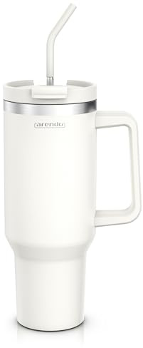 Arendo – Trinkflasche to Go - Thermobecher Doppelwandig - 1200 ml – Vakuumgehäuse Edelstahl - Kaffeebecher Auslaufsicher - luftdichter Verschluss - mit Strohhalm - Für Heiß- und Kaltgetränke