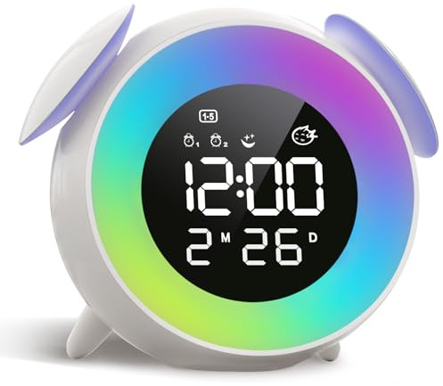 SOLVIEW Sveglia Bambini, Sveglia Digitale da Comodino Ricaricabile con 15 Colori Luce Notturna, Simulazione Alba/Tramonto, 2 Allarme, Snooze, 7 Suonerie, Modalità Weekend, 12/24 Ore
