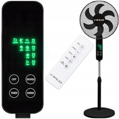 U-SMILER Ventilator mit Fernbedienung, Ventilator Leise 55W, 6 Klingen, 90° Oszillation, 3 Geschwindigkeiten, LED, Timer 4h, Standventilator, Bodenventilator, Schlafzimmer Kühlung, Schwarz