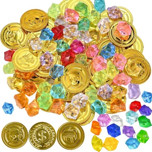 EIHI Schatztruhe Kindergeburtstag,150 Stück Piraten Goldmünzen,50 Stück Pirat Münzen Mit 100 Stücke Piraten Edelsteine,Piratenschatz,Edelsteine Für Goldtaler,Schatzsuche