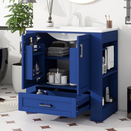 Armadietto da bagno, 76 x 46 x 78,5 cm, completamente laccato, scaffali silenziosi su entrambi i lati. Lavabo in ceramica integrato. Blu