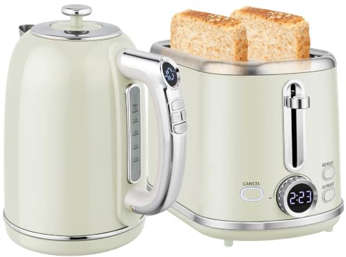 HOMCOM Digital Kettle and Toaster Set LED Screen 1.7L 3000W 2 Slice Grey | 3Hr Keep Warm Memory Function, 12 Temperatures Control, 6 Browning Controls, Crumb Tray