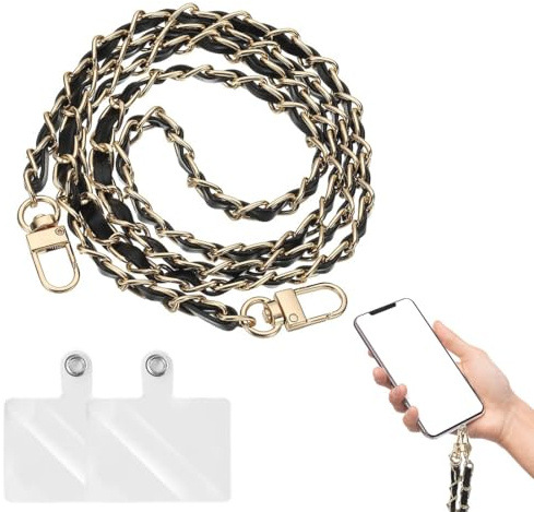 JYNXOR Correa Movil De Cuero Pu, Cuerda Para Movil Colgar Universal, Colgante De Metal Para Movil Con 2 Parches, Cordón Para Movil Para Smartphone,Cordon Movil Manos Libres (Negro)