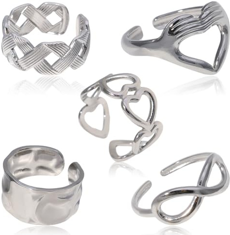 AFCJLTO 5 Piezas Anillos Mujere Acero Inoxidable Anillos Mujer Plata Ajustable Anillo de Apilamiento,Abierta Anillo Nudillo Conjunto Apilable Anillo Pulgar Midi Anillos Plata(Estilo B)