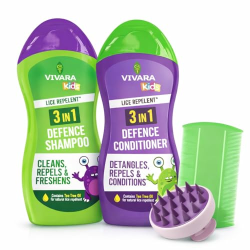 Viyara Kids 3-in-1 Head Lice Repellent Kit with Tea Tree Shampoo & Conditioner, Nit Comb & Scrubber – Gentle Daily Hair Care for Children