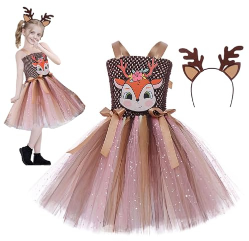 Ren Tutu - Djurkostym tutu med horn pannband - outfit för 2-12 år gamla flickor, djurkostymer för födelsedagsfest cosplay