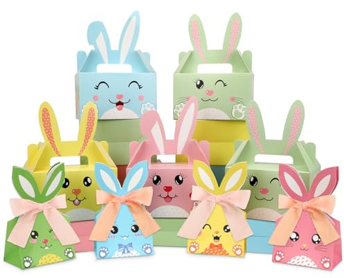 Qpout 24 Pack Easter Bunny Treat Boxes with Handle, Rabbit Ears Cardboard Favor Basket Containers for Easter Party Favors, Classroom Goody Bags, Spring Candy Cookie Gift Box Decorations Supplies