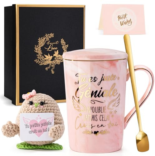 Cadeau Femme Original,Coffret Cadeau Femme Anniversaire avec Mug et Poupées | 14oz Motif Marbré Rose Tasse en céramique,Adorable Peluche en forme de Pomme de Terre,Idée Cadeau pour la Maitresse,Amie,Sœur