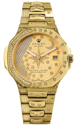 LOUIS XVI Renaissance Femme 6100 - Ø 35 mm - Damen Uhr - Wasserdicht - Armband Gold - Zifferblatt Stars Edition Gold mit Diamanten - Schweizer Quarzwerk