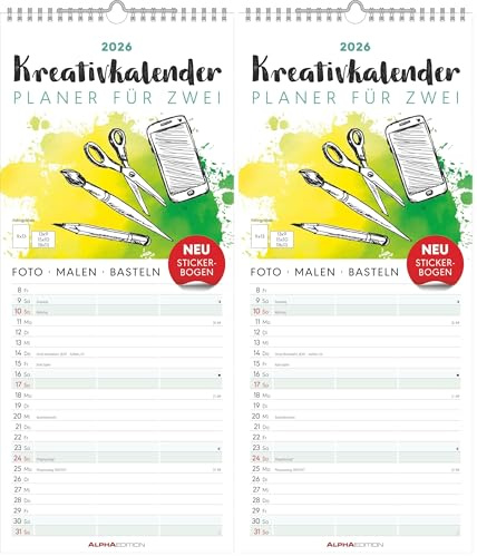Alpha Edition - Kreativ-Kalender Planer für 2 – Bastelkalender 2026, 19,5×45 cm mit 3 Spalten – individuell gestaltbar mit Foto, Zeichnung & Bastelideen – Wandkalender inkl. Stickerbogen