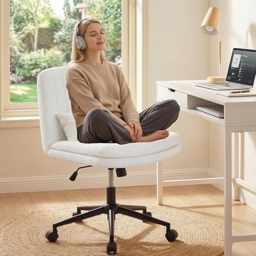 IUXPAM Bürostuhl ohne Armlehne ergonomisch, Schreibtischstuhl mit Rollen, für Schneidersitz, 360° drehbarer & höhenverstellbarer Drehstuhl für Home Office, Schminktisch (Chenille, Weiß)