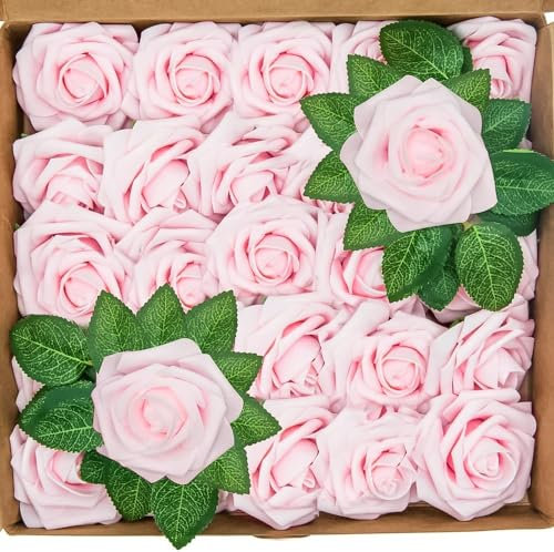 BELLE VOUS 50 STK Künstliche Rosen Rosa Schaumrosen mit Stiel – 18 cm Echt Aussehende Kunstrosen Kunstblumen Rose Rosenköpfe als Blumendeko, Party, Hochzeit, DIY, Basteln, Blumenstrauß, Gesteck