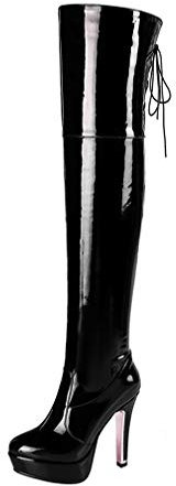 MISSUIT Damen Lack Overknee Stiefel High Heels Plateau Stiefel Stiletto Langschaftstiefel Schnürung Herbst Winter Schuhe (Schwarz,34)