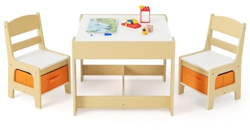 HONEY JOY Kids Table and Chairs, 3-in-1 Children Wooden Activity Set with Storage, Detachable Tabletop, for Art, Craft, Drawing, Reading, Gift for Toddlers Boys Girls 3-7 Years Old (Natural)