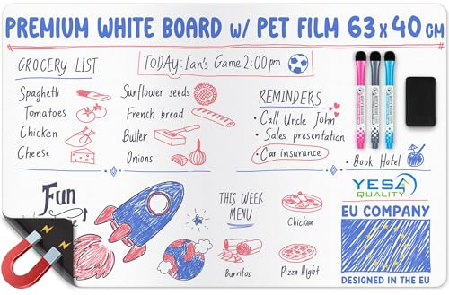 Magnetische Whiteboard-Folie für den Kühlschrank – 63 x 40 cm – schmutzabweisend, mit 3 Stiften und großem Radiergummi mit Magnet – von Yes4Quality | Yes4Quality Fleckenabweisender Whiteboard-Planer, hält an den meisten Kühlschränken, bunte Marker, Magnet-Radierer