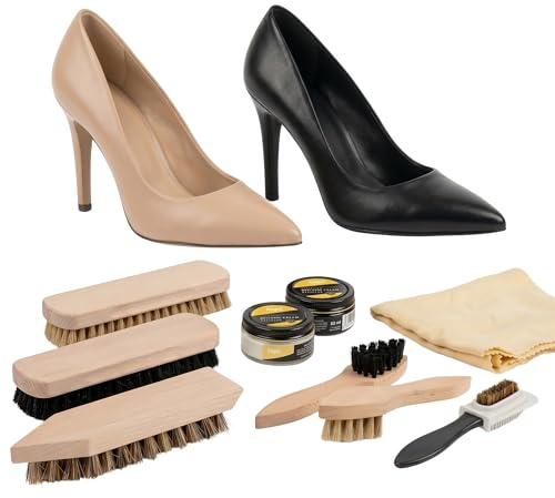 Kaps Napoli set de cuidado del calzado – cepillos de alta calidad, kit para limpiar y pulir zapatos y botas de cuero liso, 9 piezas incluyendo crema para zapatos