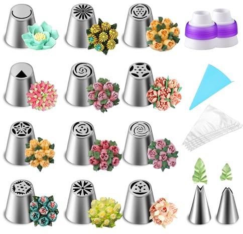 Suuker 27 Pieces Russian Piping Tips Set, Cake Decorating Tips Baking Supplies for Cupcake Cookies Birthday Party (12 Icing Tips 10 Pastry Baking Bags 2 Leaf Piping Tips 2 Couplers 1 Silicone Bag)