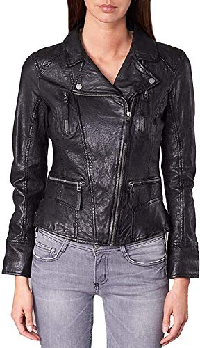 Giacca in pelle nera Geniune | Giacca da moto da donna | Giacca in pelle di agnello da donna - Nero - Small