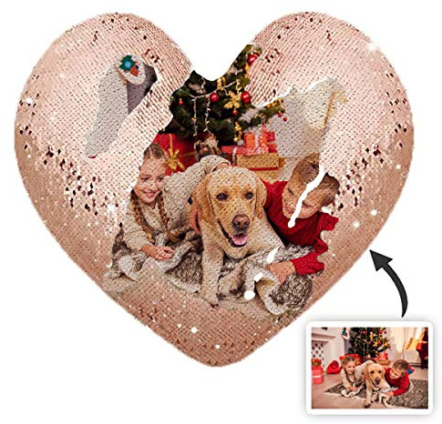 Benutzerdefinierte Foto Pailletten Kissen Magic Reversible Herzförmige Pailletten Kissen mit Bild personalisierte Geschenke(Champagner einseitiger Kissenbezug + Kissenkern 40*40cm(15.75*15.75in))