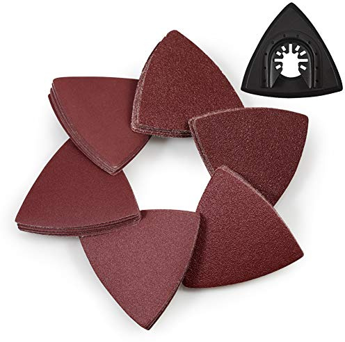 SPEEDWOX 61 Pcs 3-1/8 Inches 80mm Triangle Hook and Loop Sanding Discs with ABS Oscillating Sanding Pad Assorted 40/60/80/120/180/240 Grits Detail Sander Sandpaper